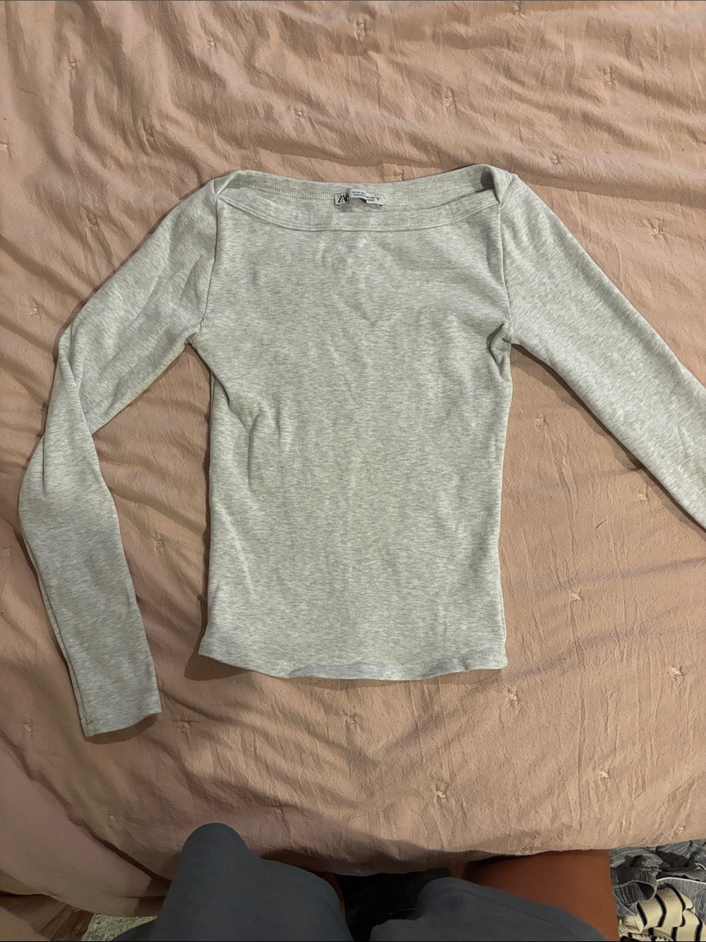 Zara Light Gray Off-Shoulder Long Sleeve Top